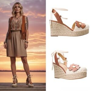 Michael Kors Women’s Kit Closed Toe Macrame and Jute Wedge With Floral Appliqué